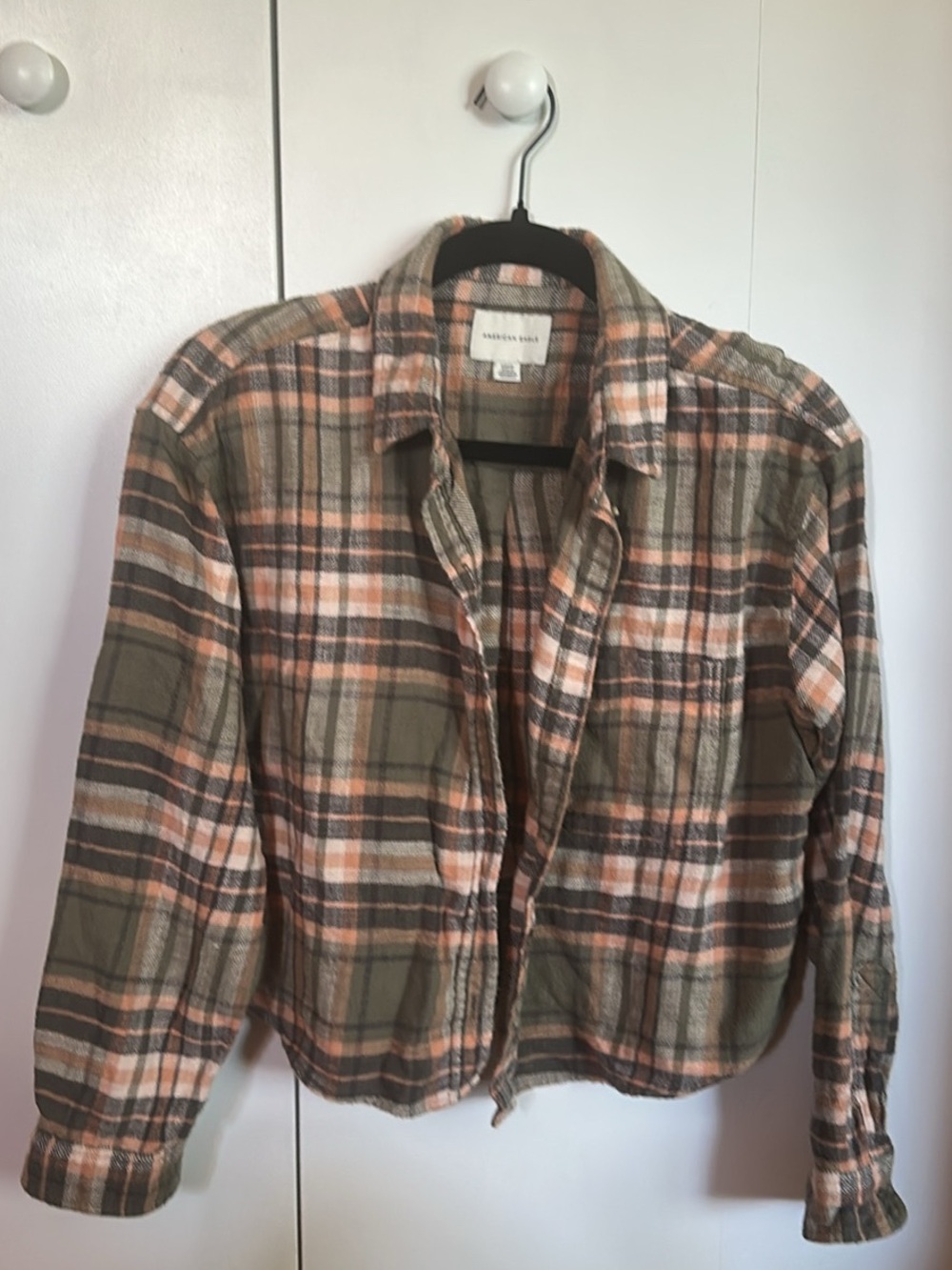 American Eagle Plaid Flannel Shirt Jacket - Olive & Peach